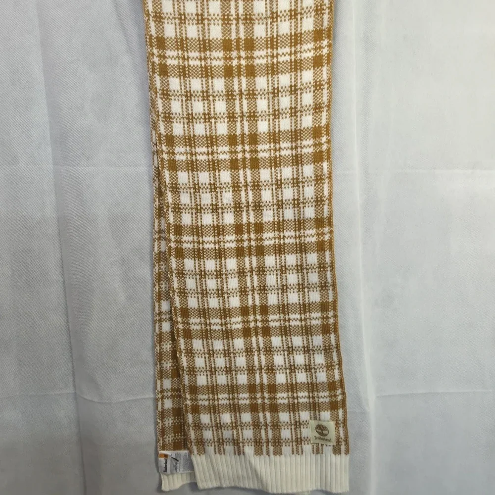 Timberland Scarf Plaid Acrylic Knit Brown White Winter Warm Soft NWOT Approx 64